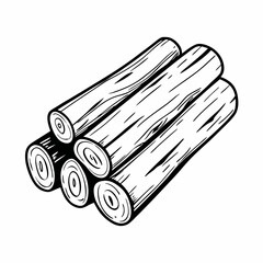 Grouped firewood logs stacked in a monochrome sketch with circular ring detail, representing rustic energy source, structure, and woodland preparation
