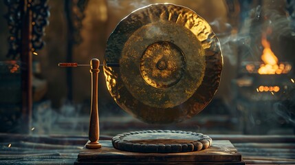 A photo of a gong with a mallet