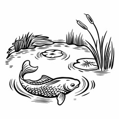 Monochrome line illustration of a pond with a swimming fish, water lilies, and surrounding reeds, symbolizing calm nature and aquatic balance

