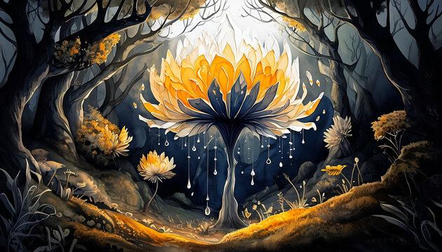 immagine di una magica foresta con un grande fiore di loto dai lucenti petali, image of a magical forest with a large lotus flower with shiny petals