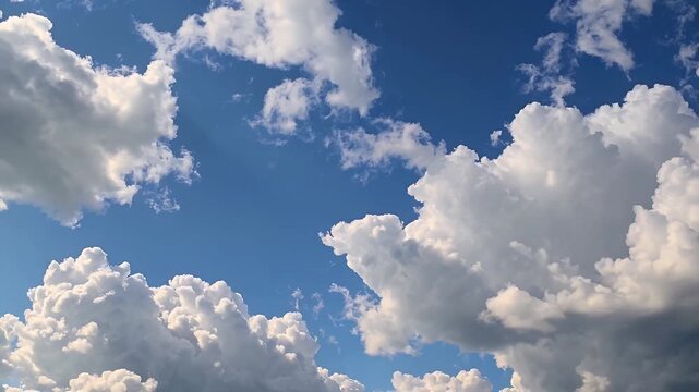 tranquil blue sky with large cumulus clouds slowly drifting across captured in close detail ideal for natural sky backgrounds or peaceful aerial time lapse visual content