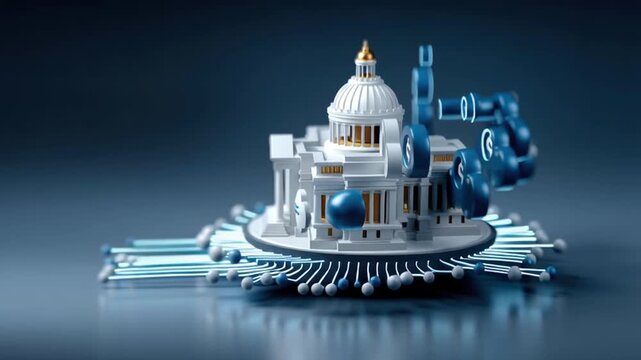 Digital government building model showcasing digital service and tax with cloud computing and currency icons for advanced financial technology