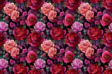 Roses in pink and burgundy watercolor seamless pattern design