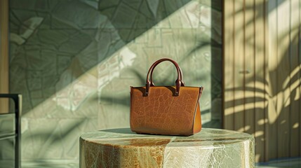 A photo of a handbag on a modern minimalist table