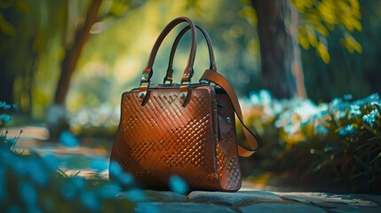 A photo of a handbag with a nature backdrop.