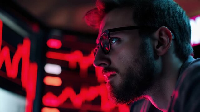 Man with glasses focused on stock market data analysis, red chart and graph on computer screen, showing concentration and determination in dark room with digital neon light reflections