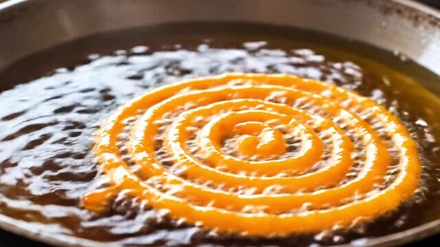 Freshly piped jalebi cooking in oil, bubbles dancing around the edges in golden glow