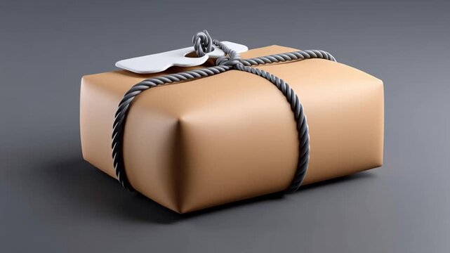Gift box wrapped with brown paper and rope, package with tag and barcode, present symbolizing digital service tax and commerce shipping concepts