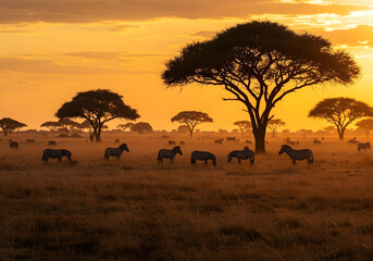 african savanna with zebras grazing under acacia trees at sunset

