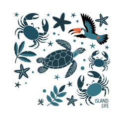 Tropical Marine Silhouette Set Crab, Turtle, Flamingo & More for Beach-Themed Designs