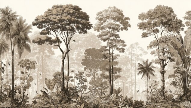 Detailed sepia-toned illustration of a tropical forest scene.