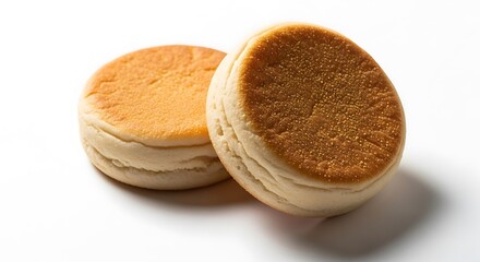 Two golden brown english muffins on a white background