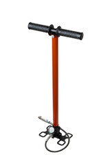 A compact hand-operated pressure pump with red and black accents, equipped with a gauge and hose, shown on a plain white backdrop.