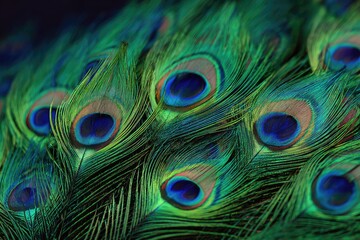 Fototapeta premium Close-up of vibrant peacock feathers. A close-up view of many peacock feathers. Intricate patterns and colors in emerald green, turquoise, and blue. Eye-like spots highlight the texture and beauty