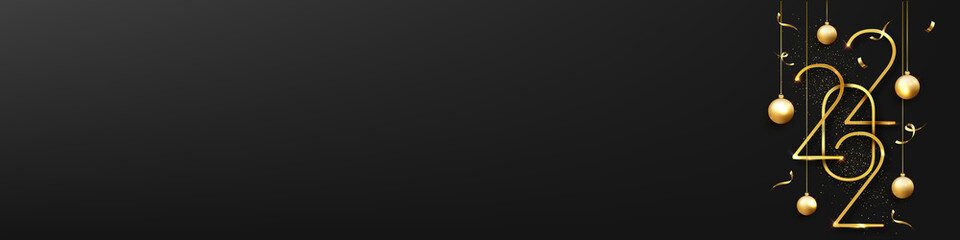 Fototapeta premium Elegant gold 2022 numbers with festive ornaments and confetti on a dark background