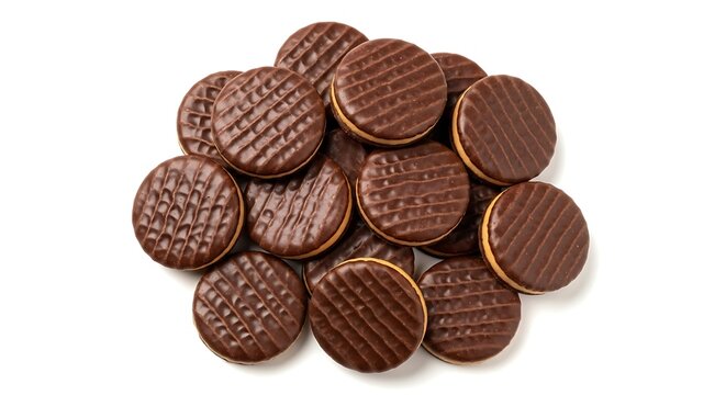 Pile of delicious chocolate covered biscuits with cream filling