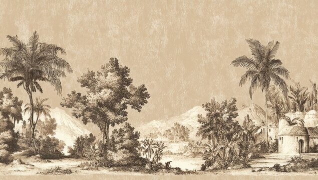Vintage sepia landscape drawing of tropical foliage and buildings.
