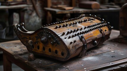 A photo of a hurdy-gurdy on a table