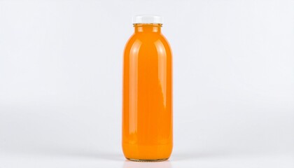 Plastic bottle filled with orange liquid, topped by white cap, placed on plain white background.