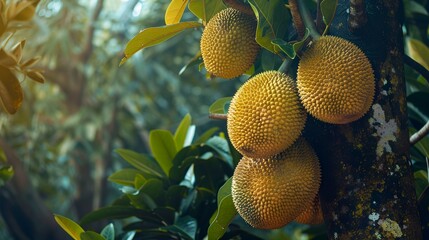 A photo of a jackfruit tree with large jackfruit