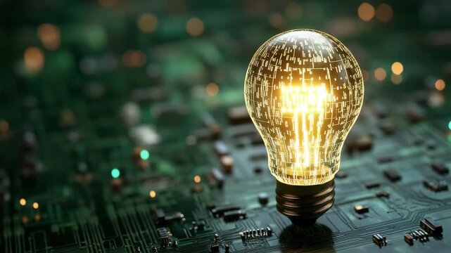 Glowing light bulb with digital circuit pattern on electronic motherboard representing innovation technology energy and glowing light symbolizing electronic digital circuit innovation energy