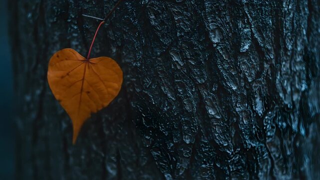 Dried heart shaped leaf against charred bark