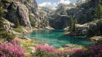 Serene mountain lake nestled in a vibrant alpine valley, surrounded by towering rocky cliffs, snow-dusted peaks, and a profusion of wildflowers blooming along its shores under a partly cloudy sky
