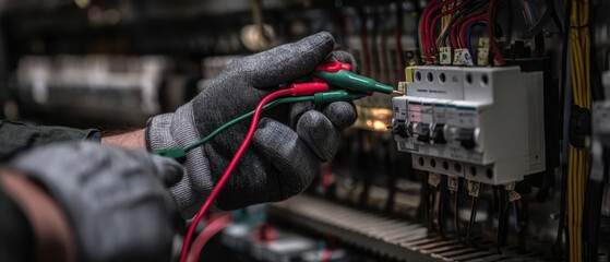 The technician testing electrical circuits with a multimeter in a control panel.