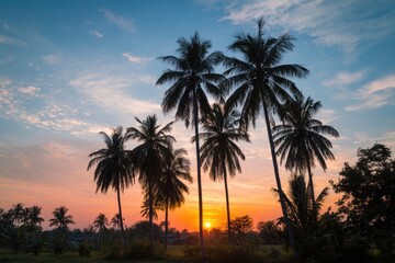 Obraz premium Silhouetted palm trees at sunset over a rural landscape