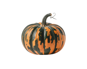 A single, distinctive striped pumpkin with green and orange markings and a curly stem, isolated on a clean transparent background, symbolizing autumn and harvest