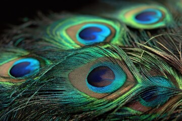 Fototapeta premium Close-up of vibrant peacock feathers, showcasing intricate patterns and colors