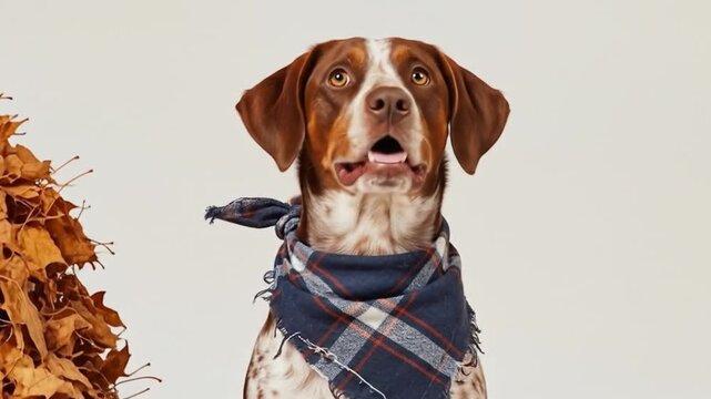 Eager dog with bandana and leaves