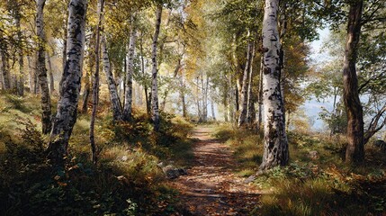 Fototapeta premium Sunlit path meanders through a birch forest in autumn; golden leaves carpet the ground, sunlight filters through the trees, creating a serene and 