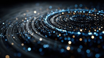 Abstract swirling spiral design with dark background and glowing particles