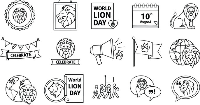 Vector art of a set of line art illustrations for world lion day, , featuring various icons and symbols to celebrate and raise awareness for lion conservation