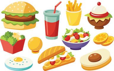 Collection of delicious fast food and sweet treats