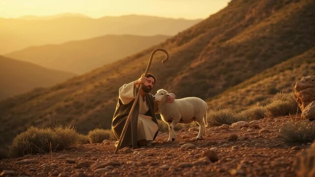 Man as a shepherd with his staff reaching out to a lamb in a mountainous landscape at sunset in the desert, biblical scene footage.