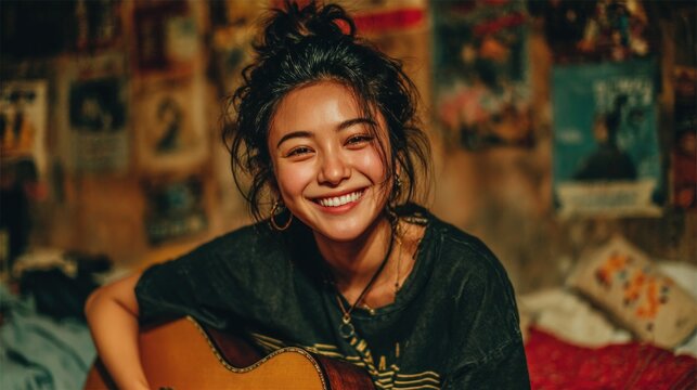 A joyful young woman with dark hair, a big smile, and playing an acoustic guitar, seated in a room adorned with posters