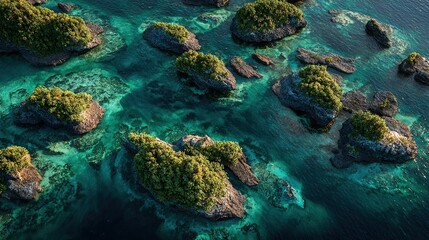 Fototapeta premium Aerial view of numerous small, verdant islands scattered across a vibrant turquoise and teal ocean, showcasing shallow, clear waters and diverse marine life hinted at below the surface