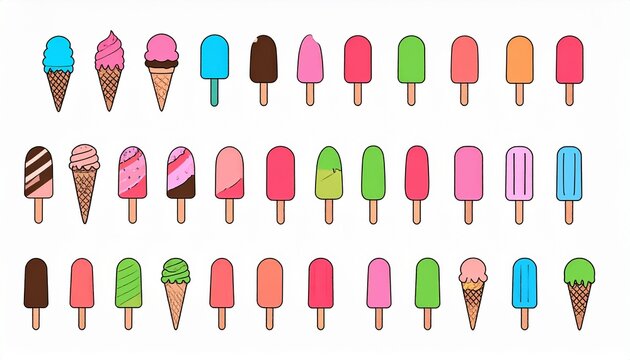 Set of ice cream icons, outline, popsicle sticks and cones, vector illustration isol 