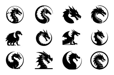 Black dragon head circular emblems and full body illustrations silhouette white