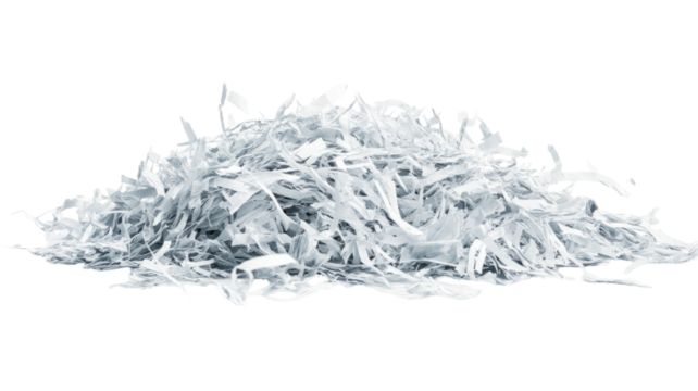 Pile of shredded paper strips in irregular shapes and sizes isolated on white background 