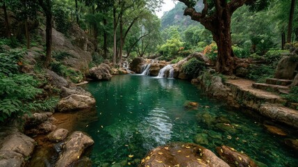 Lush, emerald-green pool nestled amidst a verdant valley, cascading waterfalls, and rocky terrain