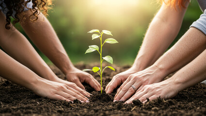 Close-Up of Multicultural Hands Supporting Tree Planting