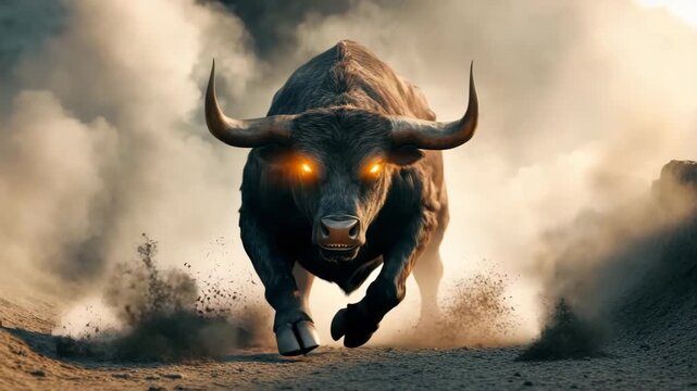 Charging bull with glowing eyes charges forward on dusty road, powerful intense energy and rugged terrain create dramatic dust clouds in fierce dynamic animal scene full of raw energy