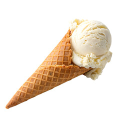 Waffle cone with vanilla ice cream scoop isolated on a transparent background png