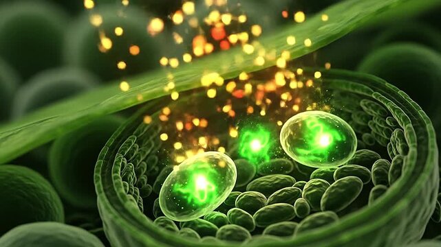 Light particles traveling into leaf and triggering glowing chemical reactions in chloroplasts