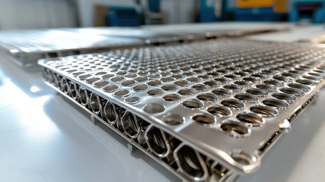 Heat exchanger components displaying precision-engineered stainless steel cylindrical elements with threaded fittings in factory environment