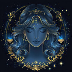 Mystical illustration of serene woman with flowing blue hair, surrounded by celestial elements and golden scales, symbolizing balance and harmony. artwork exudes sense of tranquility and elegance
