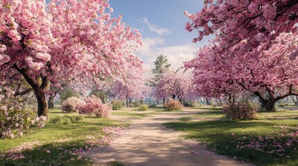 A sun-drenched path winds through a vibrant cherry blossom grove, petals carpeting the ground, under a clear blue sky; lush green grass and smaller flowering bushes surround the pathway